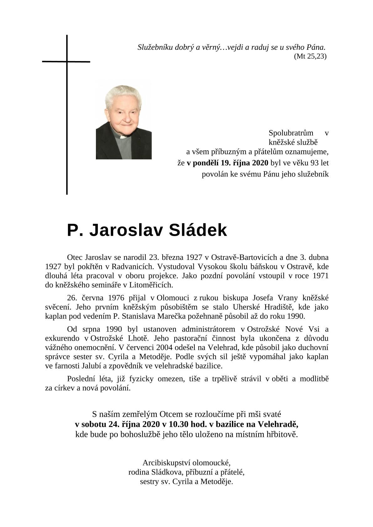 Zemřel P. Jaroslav Sládek